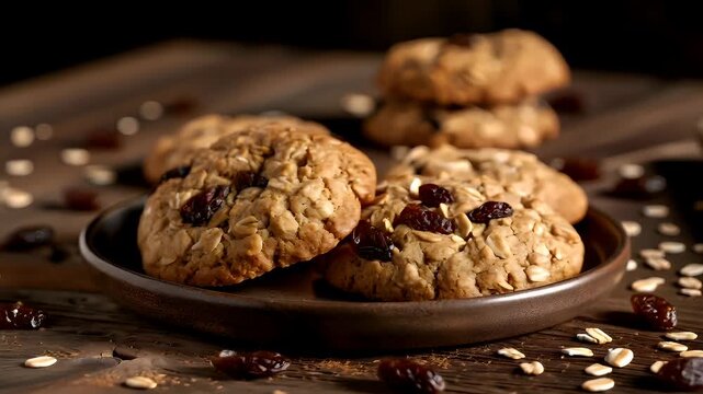 A closeup shot of a plate of freshly baked oatmeal raisin cookies on a rustic wooden table. The cookies are golden brown with visible chunks of dried fruit, possibly raisins.