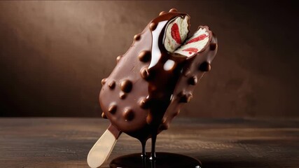 Delicious chocolate ice cream bar dripping sauce and revealing strawberry filling, a summer treat - Powered by Adobe