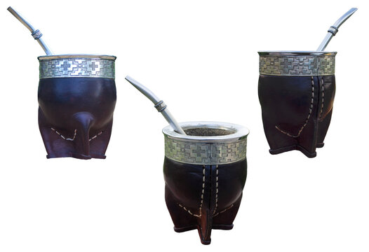 A set of traditional leather gourds for yerba mate infusions. Transparent background. Concept of ritual in South American culture. Social infusion enjoyed for its refreshing and energising properties