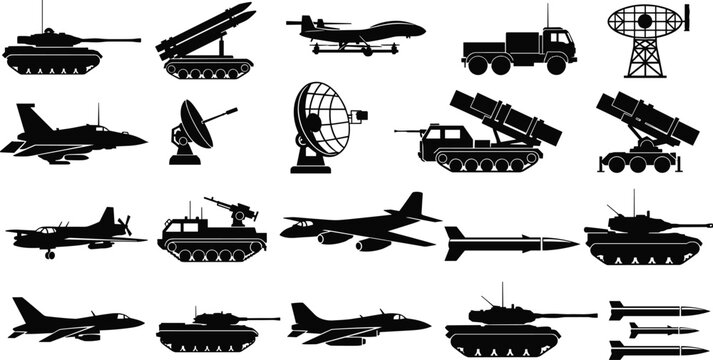 Black Silhouette Military Weaponry and Vehicle Vector Icon Set, Isolated Tank, Fighter Jet, Missile Launcher, and Radar Equipment Collection, Army and Defense Graphics