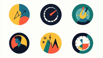 Fototapeta premium Colorful Illustrations of Graphs, Gauges, and Icons Representing Data Analysis, Performance Metrics, and Creative Insights for Visual Communication