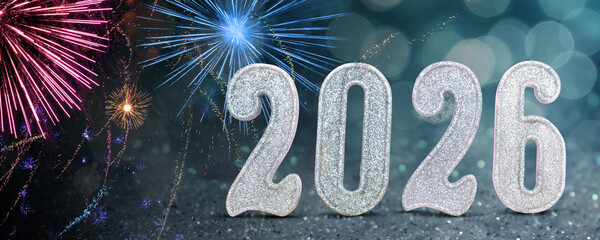 Merry Christmas and Happy New Year 2026. Greeting card with silver numbers, fireworks and bokeh lights. Banner design