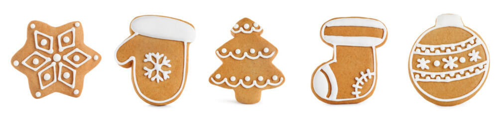 Christmas gingerbread cookies decorated with icing isolated on white, set