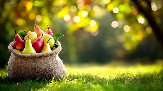 A closeup of a sack filled with assorted fruits on a grassy surface. The background is a bokeh of green and yellow lights, suggesting a garden or park setting. The fruits are vibrant in color.