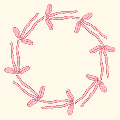 Vector illustration of a circular frame made of hand-drawn pink bows. Delicate and feminine decorative border perfect for invitations, cards, packaging, branding, and elegant design projects
