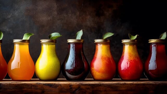 A row of glass jars filled with different colored liquids on a wooden surface. The background is dark, emphasizing the vibrant colors of the liquids.