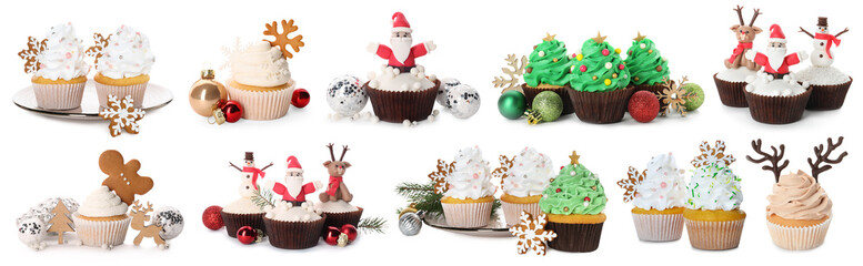 Christmas cupcakes isolated on white, set. Festively decorated dessert