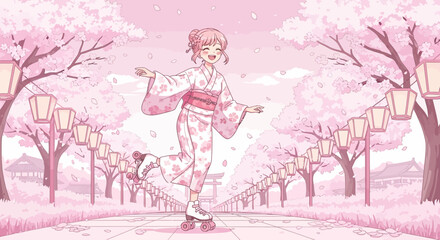 Obraz premium Anime girl in kimono roller-skating beneath cherry blossoms with illuminated lanterns
