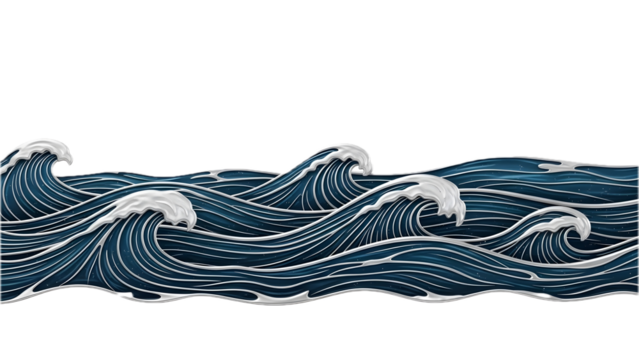 Decorative Blue and Silver Ocean Wave Border Illustration in Japanese Style