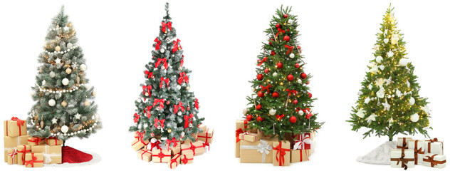 Christmas trees decorated with festive ornaments and string lights isolated on white, set