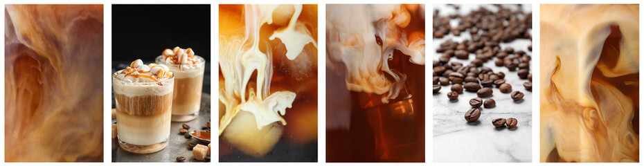 Coffee drinks and aromatic roasted beans, collage