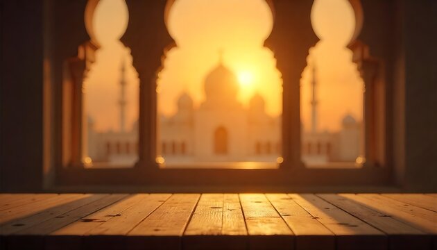 An empty table adorned with candles, showcasing the Mosque in the background during a serene Ramadan evening