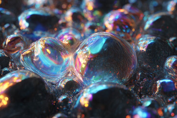 Naklejka premium Close up of iridescent soap bubbles with colorful reflections and bokeh lights
