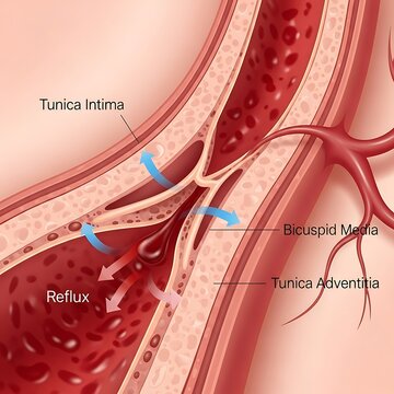 Detailed illustration of a healthy vein with bicuspid valve and blood flow, highlighting tunica intima and tunica adventitia.