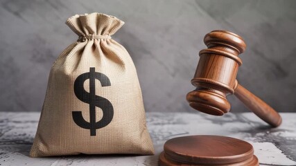 Money bag and gavel show financial crime or legal justice in courtroom setting video - Powered by Adobe