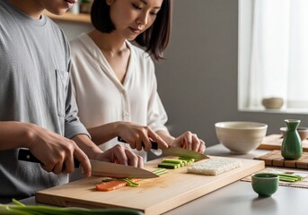 Asian couple preparing fresh sushi rolls together in a modern kitchen with ingredients on a cutting board