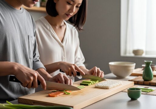 Asian couple preparing fresh sushi rolls together in a modern kitchen with ingredients on a cutting board - Powered by Adobe