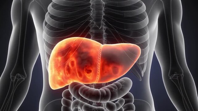 3D Visualization of Liver Scarring Progression in Chronic Disease Showing Diseased Organ with Damaged Tissue and Internal Anatomy in Dark Background