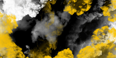 A dramatic gray, yellow and white smoke cloud against a black background, perfect for evoking mystery or a cinematic atmosphere, Yellow & Gray Smoke Clouds: Abstract Background. 