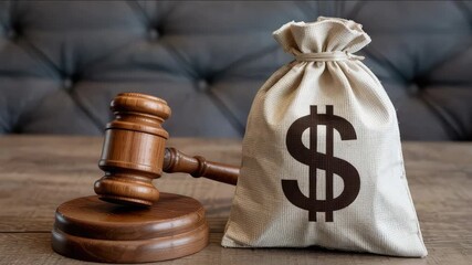 Justice meets finance, gavel strikes beside money bag, legal action with financial implications video