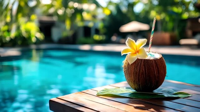 A closeup shot of a coconut with a flower on top of it, placed on a wooden table beside a swimming pool. The coconut is brown with a smooth, glossy texture.