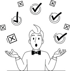 Business concept illustration of man juggling check marks and crosses, representing decision making, task evaluation, productivity choices, problem solving, and workflow management