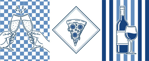 Blue themed food and drink illustration set featuring champagne toast, pizza slice artwork, wine bottle and glass with modern patterned backgrounds