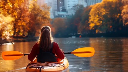A woman kayaking on a serene river during autumn, with a city skyline in the background. The scene is bathed in the warm hues of fall, with the trees showcasing vibrant yellow and orange leaves.