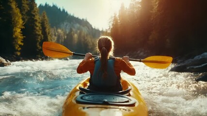 A woman kayaking on a river during the golden hour, with the sun casting a warm glow over the scene. She is paddling a yellow kayak through rapids.