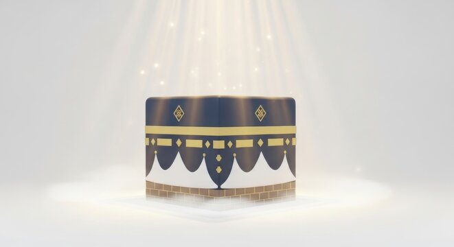 Kaaba in mecca, saudi arabia, the holiest place in islam, with light rays above.