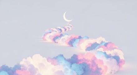 Pastel clouds lead to a crescent moon, creating a dreamy and whimsical atmosphere.