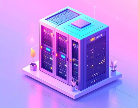 Isometric rendered illustration of a server room featuring server racks, pastel colors, and a futuristic data center aesthetic
