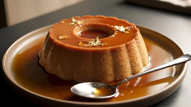 Delicious caramel flan dessert served on a plate with a spoon on a dark table background