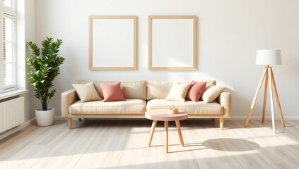 Bright and airy living room with modern sofa and blank picture frames