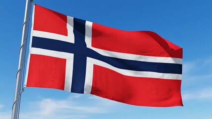 Waving Norwegian Flag Against a Clear Blue Sky A Symbol of Norways Independence National Pride and Cultural Heritage on a Sunny Day Evoking Patriotism and Connection to Scandinavian Roots.