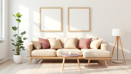 Obraz premium Bright modern living room with sofa and two blank frames on wall