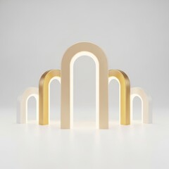 Modern arches in gold and beige tones, illuminated. Minimalist design concept.