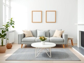 Obraz premium Bright modern living room with comfortable sofa and decorative elements