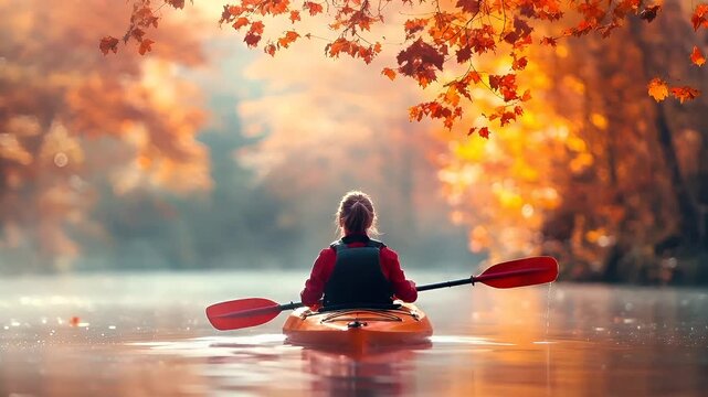 Aerial view of a person kayaking on a serene body of water during autumn. The person is wearing a red jacket and is paddling a red kayak.
