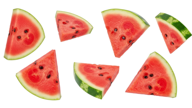 Juicy watermelon segments scattered against a pristine backdrop evoke summer freshness and delightful refreshment, a healthy indulgence, perfect