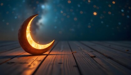A crescent moon adorned with stars against a blue background, representing the holy month of Ramadan and Islamic culture