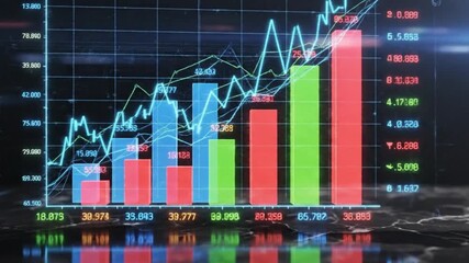 Data Visualization: An abstract representation of business, depicting colorful bar graphs with intricate trend lines, visualizing financial market data. - Powered by Adobe