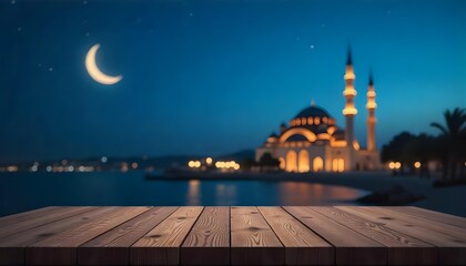 A serene wooden table with Ramadan treats, set against a backdrop of a mosque and crescent moon at dusk