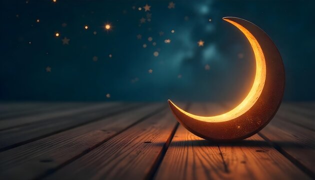 Crescent moon and stars in a serene night sky, embodying the spirit of Ramadan and Islamic festivities in a minimalist style - Powered by Adobe