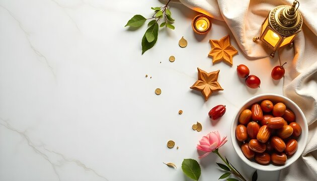 A flat lay of Ramadan kabab, dates, nuts, and decorative lanterns on a white background, celebrating the festive season - Powered by Adobe