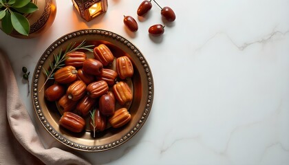 Ramadan dates with decorative lanterns and fresh green leaves on a marble background, evoking the essence of the holy month