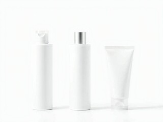 Three white cosmetic bottles and tubes arranged on a white background