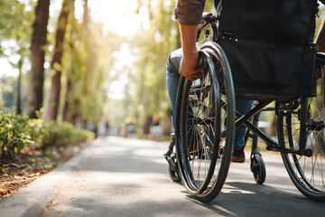 Person using a wheelchair on a sunny path lined with trees in an outdoor park during the late afternoon