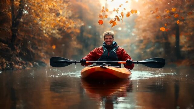 A man in a red jacket paddling a kayak on a misty river surrounded by autumnal trees. The scene is captured with a shallow depth of field.
