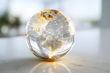 Global network visualization showing connections and data flow in a transparent globe at sunset